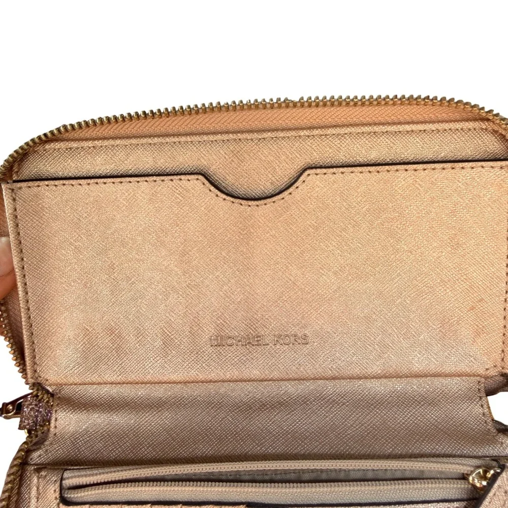 Michael Kors Wallet Rose Gold Glitter Zip Around Continental Wristlet Large Glam